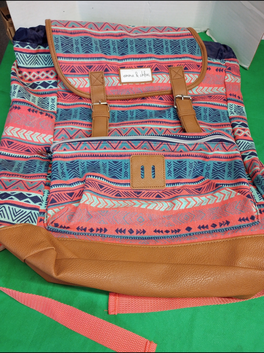 Coral Aztec Print Backpack with Tan Trim